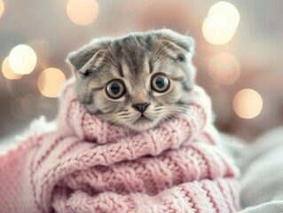 Wall Mural - adorable scottish fold kitten wearing a cozy pink knit sweater soft focus portrait with bokeh background emphasizing the cats large expressive eyes