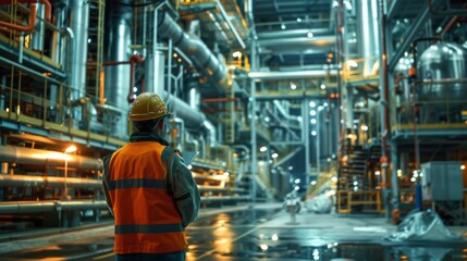 Wall Mural - An industrial worker in a safety vest and helmet supervises the operations in a large, complex manufacturing plant