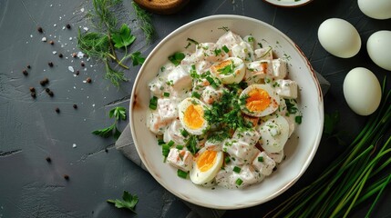 Wall Mural - Healthy and delicious egg salad with chicken and herbs, beautifully presented in a white bowl. Perfect for a nutritious meal.