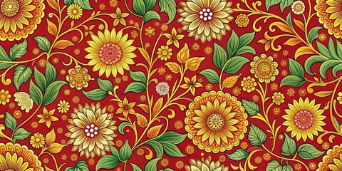 Wall Mural - Floral pattern with red and yellow background, featuring intricate flowers and leaves, flowers, leaves, nature, vibrant