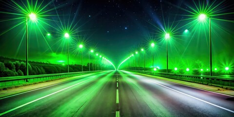 Sticker - Vibrant of a night road illuminated by bright green lights , ,night, road, vibrant, green, light, illuminated, bright, street, dark