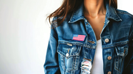 Close-up portrait of a beautiful young woman on a light background. Copy space. Celebration concept Independence Day, 4th of July, Elections, Voting.