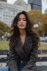 4 an asian model in a blazer and jeans, sitting on a park bench in a bustling city setting