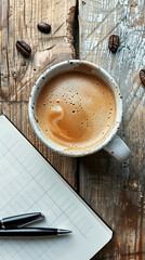 Wall Mural - Top view flat lay photo banner mockup of office working desk with laptop computer note book and pens with space for text editing in rustic wooden table top background    