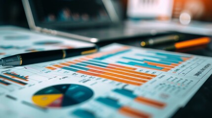 Poster - A financial report with multiple graphs and charts laid out on a desk, ready for presentation and discussion.