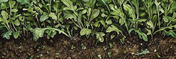 Wall Mural - Arugula thrives on a plantation, vibrant and organic, against a backdrop of rich soil and meticulously arranged plants, showcasing its verdant and crisp leaves, banner