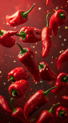 Wall Mural - red hot chili peppers on red background