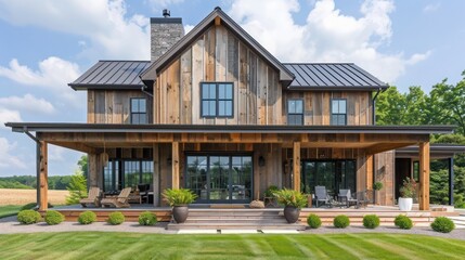 Wall Mural - modern farmhouse with rustic wood siding and a welcoming porch