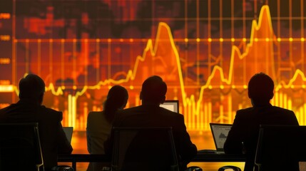 Poster - A group of investors discussing gold price movements and market forecasts, with graphs and charts on display.
