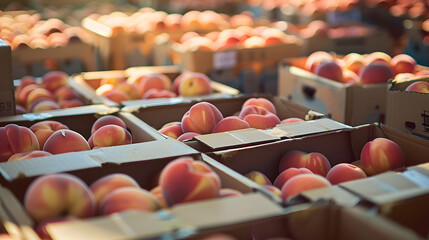 Wall Mural - Fresh peaches are packed into cardboard boxes ready to be delivered to customers.