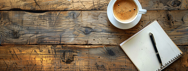 Top view flat lay photo banner mockup of office working desk with laptop computer note book and pens with space for text editing in rustic wooden table top background