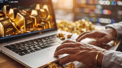 Fototapete - An investor checking gold prices and market trends on a laptop, with a focus on making informed trading decisions.