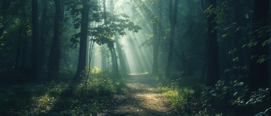 Wall Mural - A forest path is lit by the sun, creating a peaceful and serene atmosphere