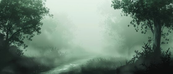 Wall Mural - A forest with a foggy sky and a path