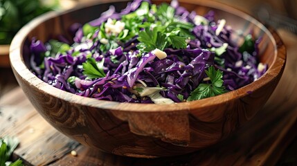 Wall Mural - Fresh and vibrant purple cabbage salad in a rustic wooden bowl, garnished with parsley. Perfect for healthy eating and vegan dishes.