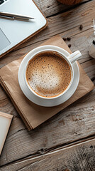 Wall Mural - Top view flat lay photo banner mockup of office working desk with laptop computer note book and pens with space for text editing in rustic wooden table top background