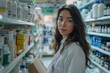 © Olsek - Young female pharmacist working in a pharmacy aisle, surrounded by shelves filled with medical supplies. She is holding a box and looking at the camera. Professional setting. Generative AI