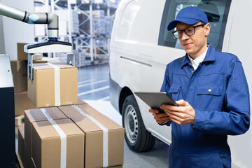 Poster - Warehouse manager with digital tablet controls robot