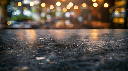 Wall Mural - Black Stone table top and blurred bokeh cafe and restaurant banner background with vintage filter - can used for display, Copy space, Generative ai