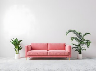 Wall Mural - minimalistic interior design of an empty living room with white walls, a pink sofa and carpet
