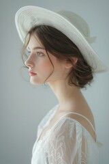 Wall Mural - A woman dressed in white poses with a white hat, suitable for vintage or elegance themed uses