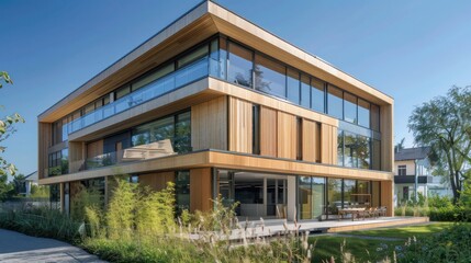 Wall Mural - sustainable architecture firm with a facade made from cross-laminated timber panels, showcasing modern building techniques