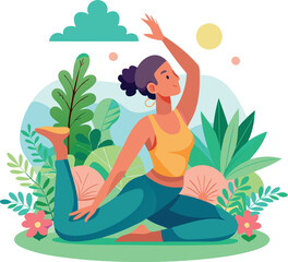 Wall Mural - Woman practicing yoga in nature, performing a stretching pose surrounded by lush greenery and flowers