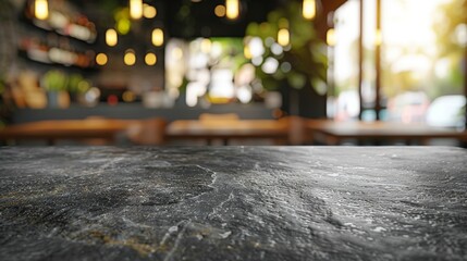 Wall Mural - Black Stone table top and blurred bokeh cafe and restaurant banner background with vintage filter - can used for display, Copy space, Generative ai