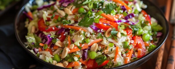 Wall Mural - Fresh colorful vegetable salad with carrots, bell peppers, cabbage, peanuts, and herbs in a black bowl. Healthy and delicious meal.