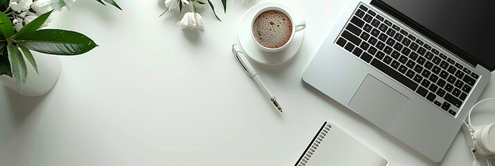 top view flat lay photo banner mockup of office working desk with laptop computer note book and pens