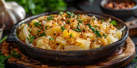Wall Mural - Shredded Salt Cod with Onions and Fried Potatoes A Delicious Portuguese Bacalhau Bras Recipe. Concept Food, Portuguese, Bacalhau Bras, Recipe, Cooking