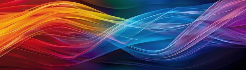 Wall Mural - Vibrant abstract digital art showcasing multicolored waves flowing across a dark background, creating a sense of motion and energy.