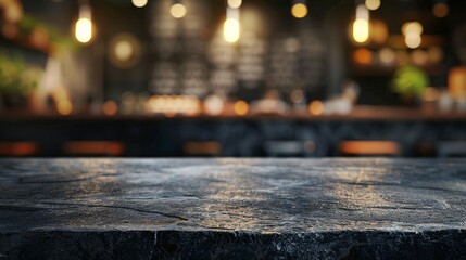 Wall Mural - Black Stone table top and blurred bokeh cafe and restaurant banner background with vintage filter - can used for display, Copy space, Generative ai