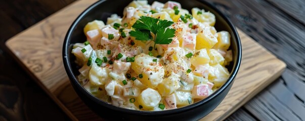 Wall Mural - A delicious bowl of homemade potato salad garnished with fresh parsley, served on a wooden board, perfect for a summer picnic.