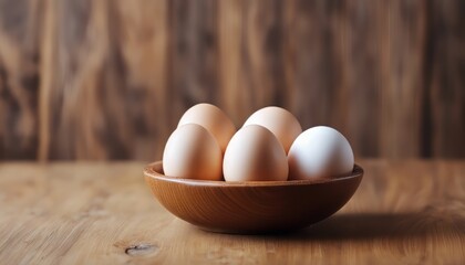 Wall Mural - Top view of eggs on a wooden bowl