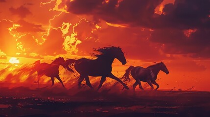 A group of horses galloping at sunset