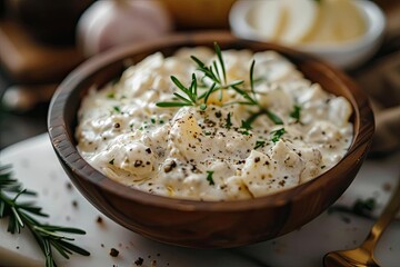 Creamy potato salad in a rustic wooden bowl garnished with fresh rosemary and black pepper, perfect for a delicious homemade side dish.