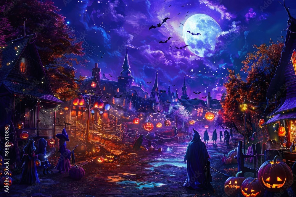 Mystical Halloween night with full moon in a village, pumpkins glowing ...