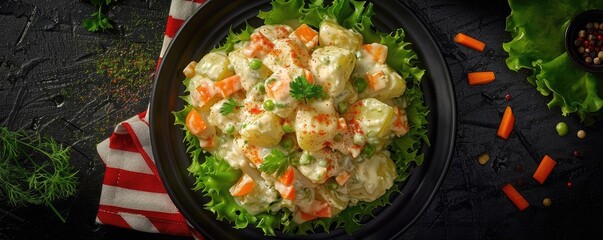 Wall Mural - Fresh and creamy potato salad with diced carrots, garnished with greens, served on a bed of lettuce, perfect for a colorful and healthy meal.