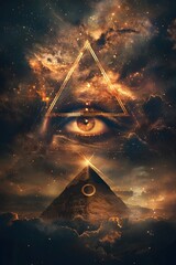 Canvas Print - Mystical Esoteric Pyramid and Eye of Horus Cosmic Symbolism with Glowing Ethereal Light Effects