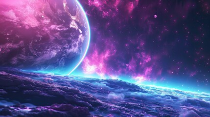 Wall Mural - exo-planet in outer space with neon galaxy portal - fantasy alien landscape 3d illustration