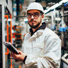 Poster - A man in a white jacket and a hard hat is holding a clipboard