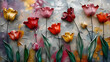 © Prasanth - Stucco artwork of tulip flowers in a riot of colors, forming a cheerful and vibrant display on the wall.
