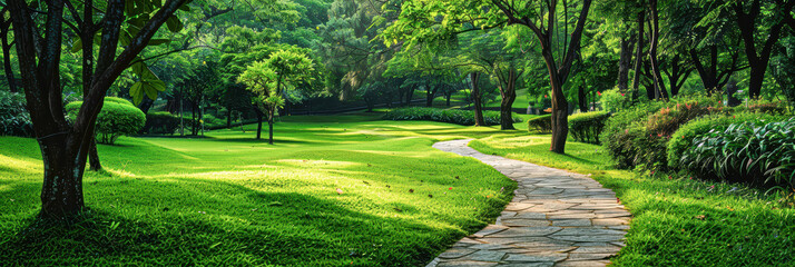 Poster - Tranquil Pathway Through Vibrant Green Park - Nature Landscape with Copy Space