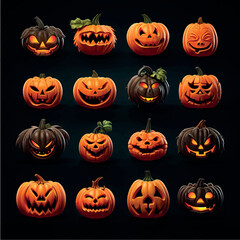 
Set of Halloween pumpkins icons, 3D Halloween pumpkin stickers pattern. Isolated set of jack-o'-lanterns for Halloween pattern. Scary 3D pumpkin models stickers and icons on a black background.