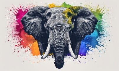 Wall Mural - Angry elephant face vector with zoo park details and vibrant rainbow splash on a white background , Generate AI