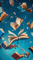 Wall Mural - Books fly on world books day celebrate with blue background 