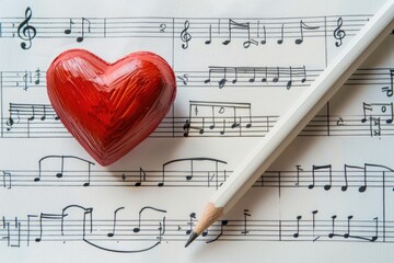 A simple drawing of a pencil and a red heart on a sheet of music