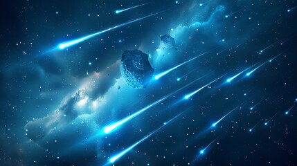 Wall Mural - realistic comets and asteroids with blue luminous traces streaking across night sky, 3d vector bolid