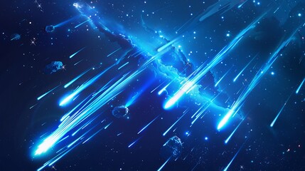 Wall Mural - realistic comets and asteroids with blue luminous traces streaking across night sky, 3d vector bolid